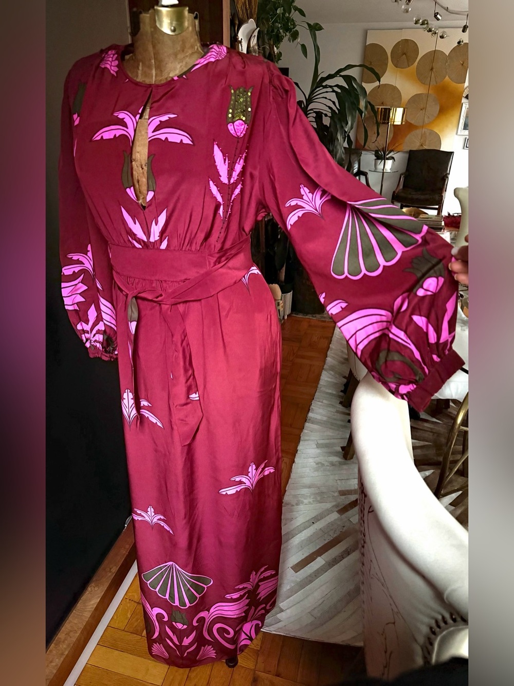 Stunning Johanna Ortiz fluorescent pink,burgundy floral silk maxi dress/gown 8